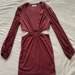 Pink Lily Rust Cutout Mini Dress | Long Sleeve Ribbed | Size Medium